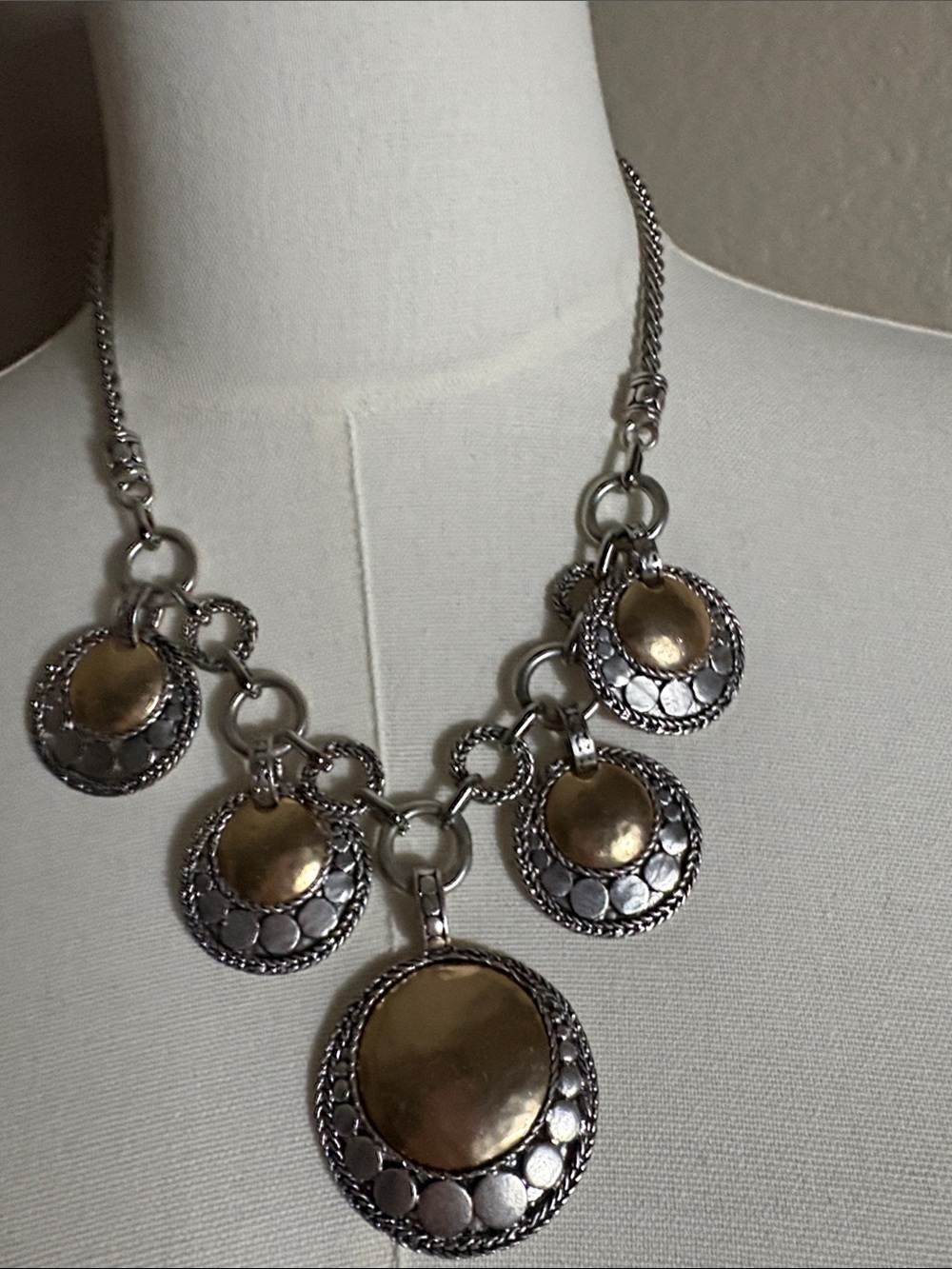 Chico's Two-Tone Disc Pendant Necklace in Silver and Gold